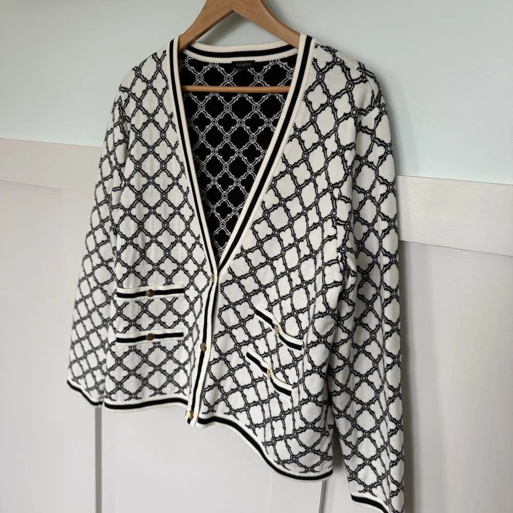 Talbots V-Neck Cardigan Lattice Jacquard XL Black Off White Career Casual Preppy